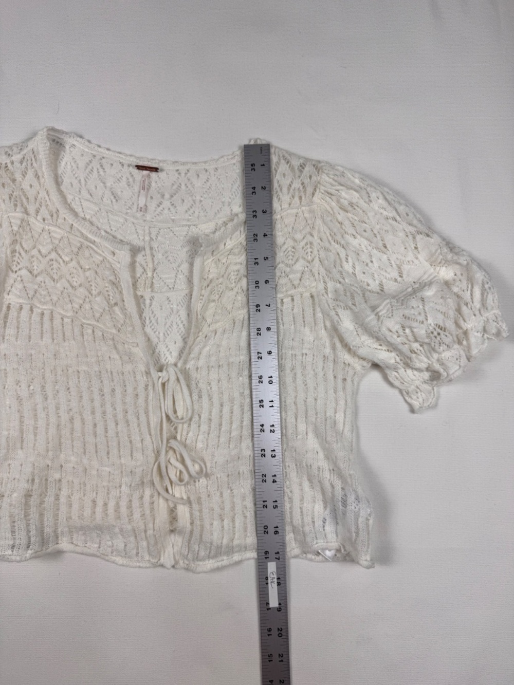 Free People Cream Lace Tie-Front Cardigan Puff Sleeve Boho Cottagecore Top M - Picture 5 of 10